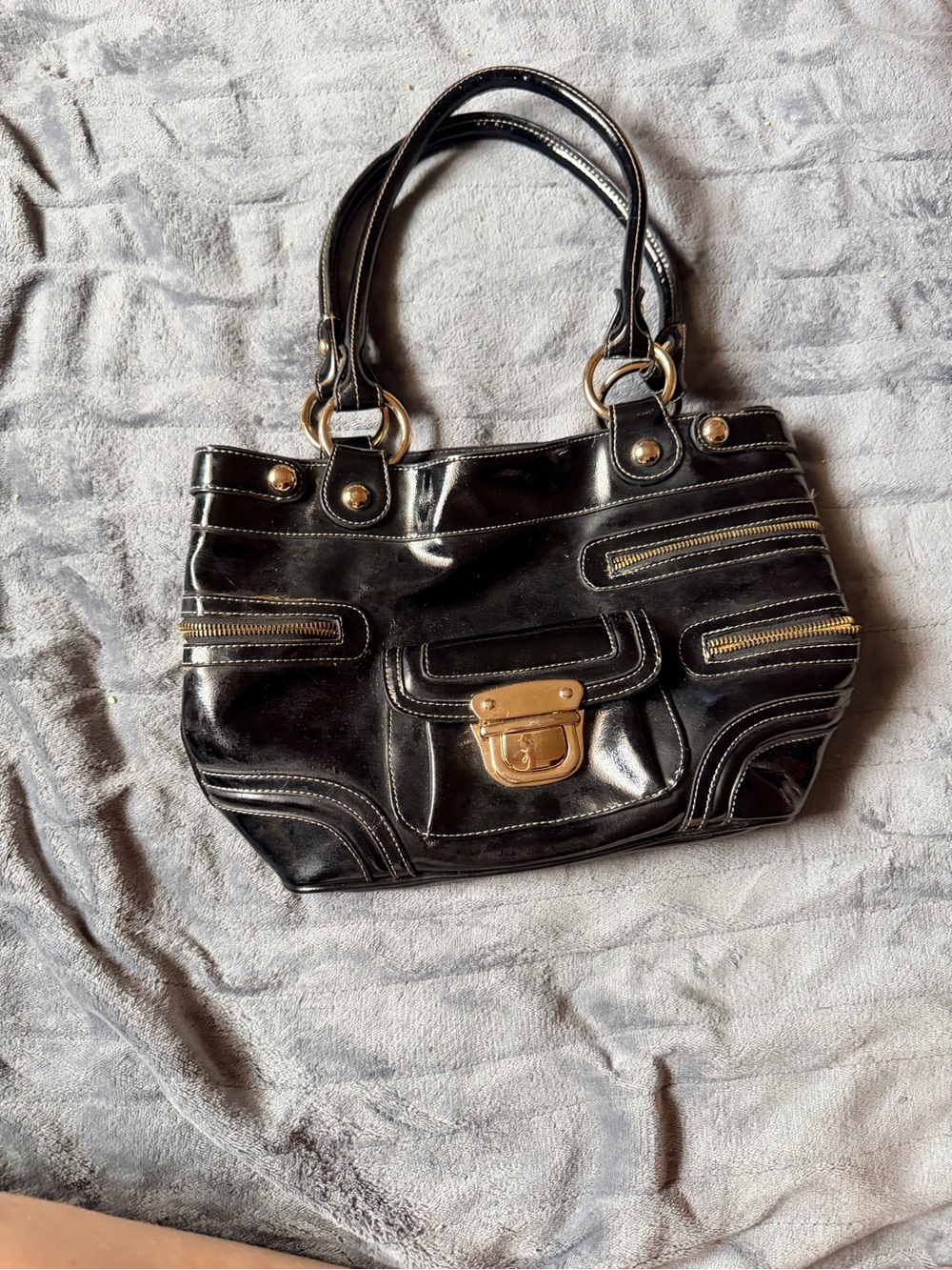 Kathy Van Zeeland Black Patent Shoulder Bag with Gold Hardware